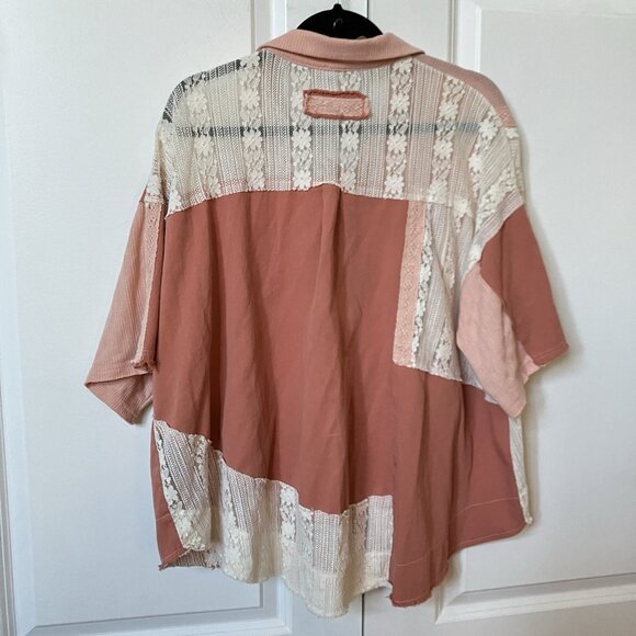 POL Shirt Womens L Oversized Thermal Lace Button Down Top Blush Pink Boho - Picture 7 of 12